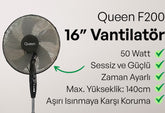 Queen 16" Zaman Ayarlı Sessiz Vantilatör Siyah